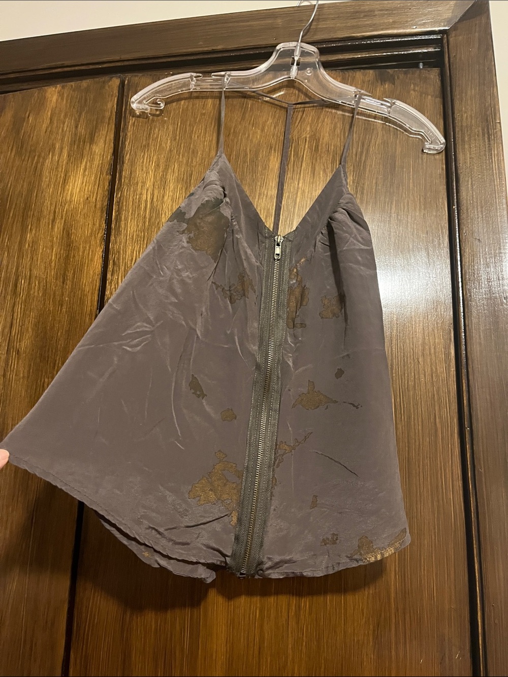 silence + noise Silk Zip-Front Cami in Taupe Grey With Abstract Gold Pattern